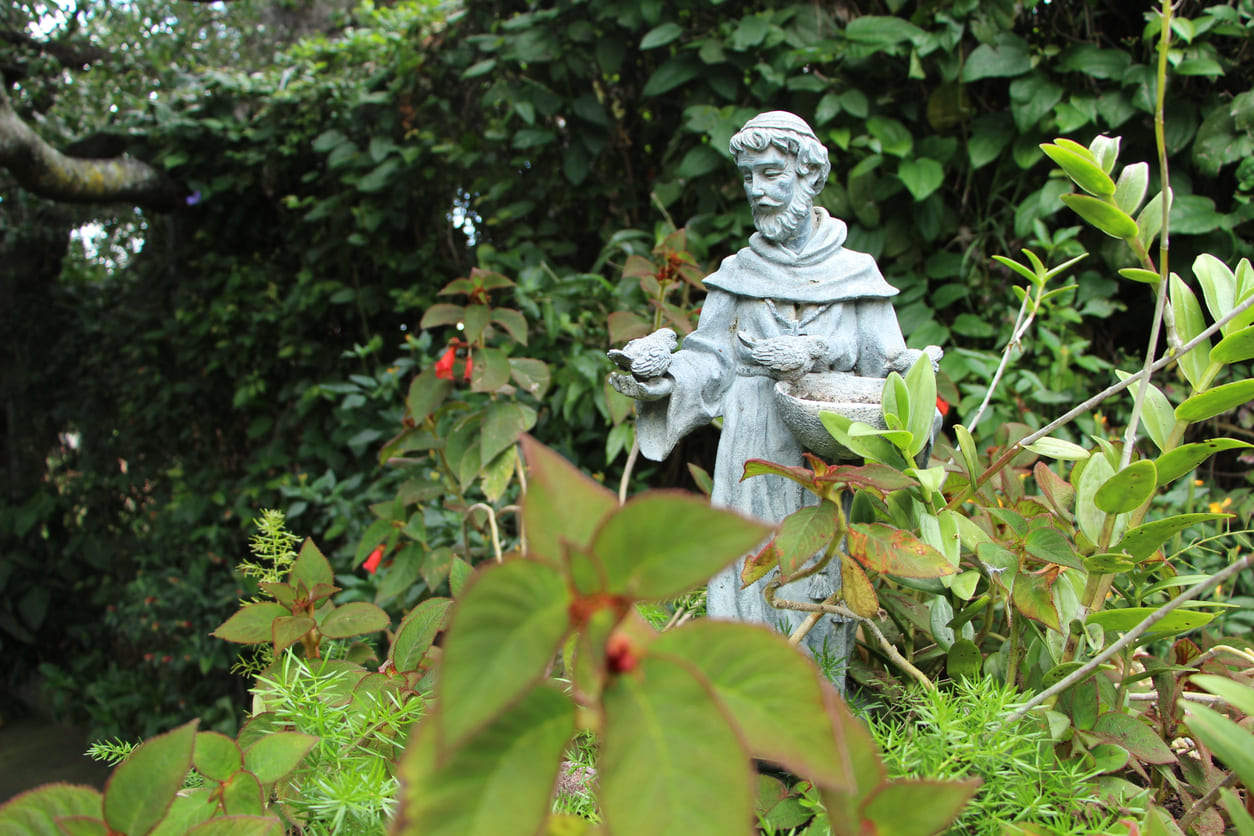 A peaceful garden scene featuring a statue of St Francis of Assisi holding birds, surrounded by lush greenery.