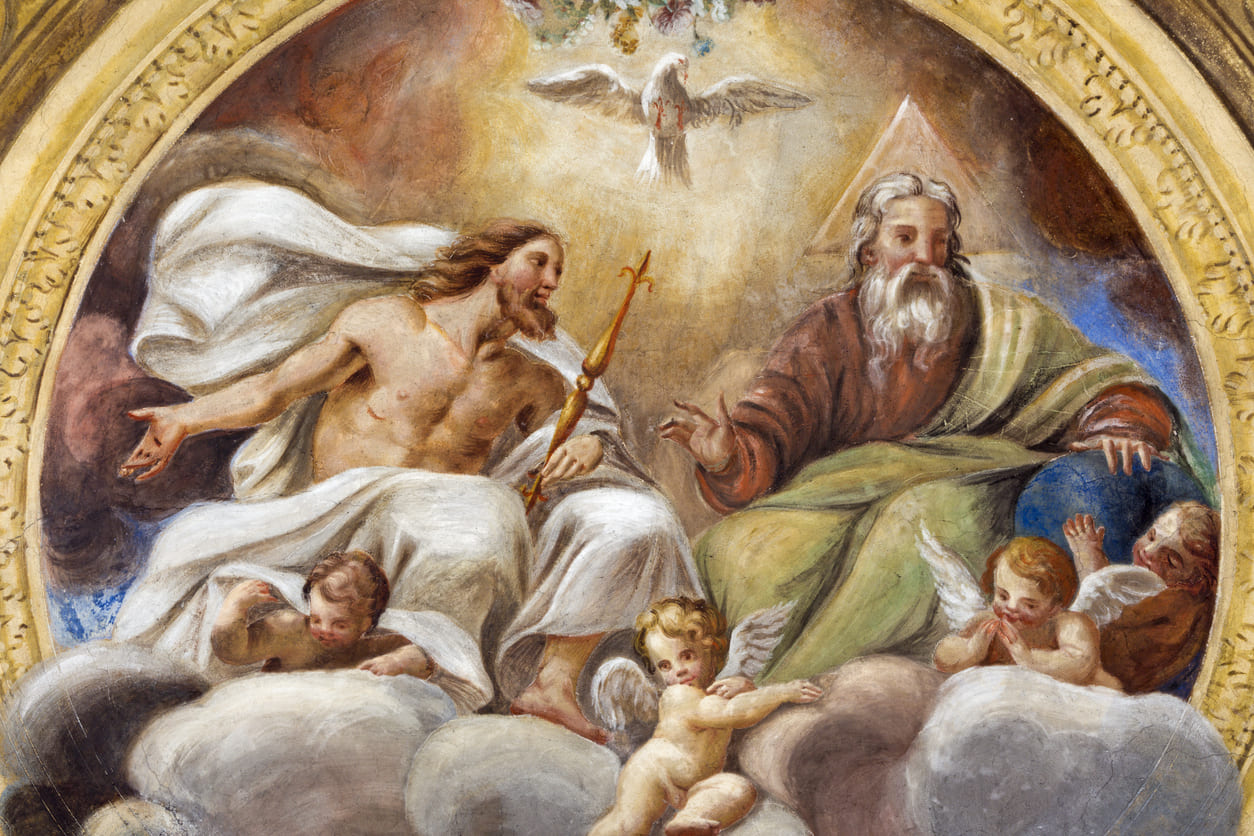 Holy Trinity with God the Father, Jesus the Son, and the Holy Spirit as a dove, surrounded by cherubs in a heavenly setting.