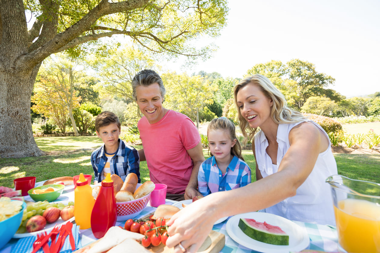 A cheerful family gathers for a picnic in a sunny park, reflecting the leisurely and festive atmosphere of the bridge holiday after Ascension Day.