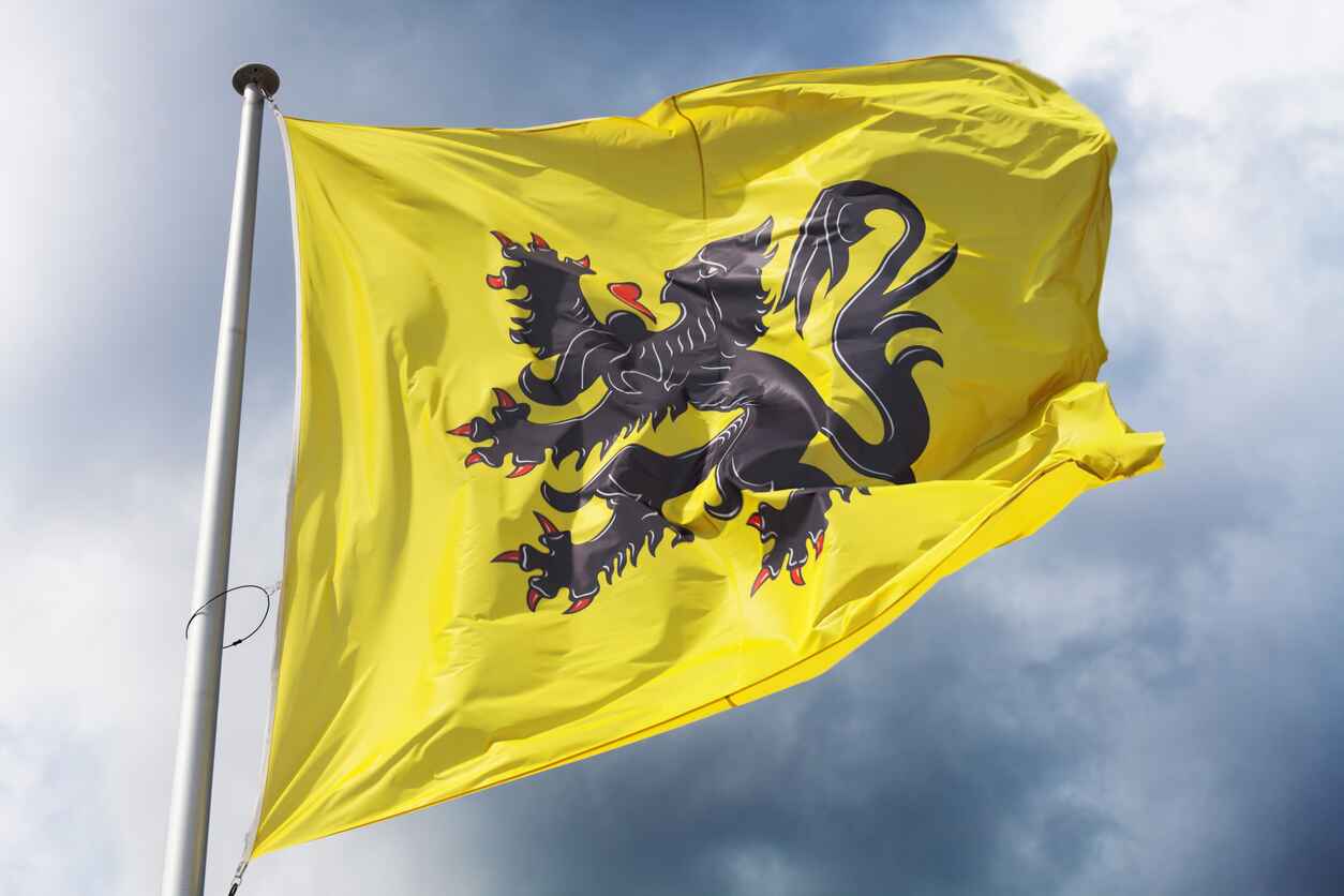 A Flemish Lion Flag waves against the sky, symbolizing Flanders' pride and heritage on Flemish Community Day.