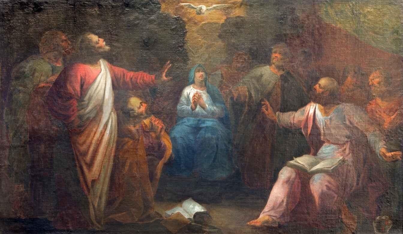 A classical painting depicting the Pentecost, where the Holy Spirit, symbolized by a dove, descends upon Mary and the apostles.