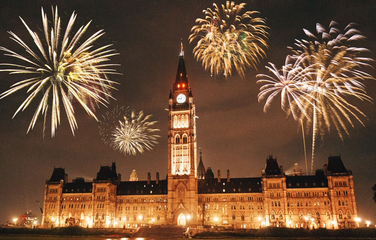 A stunning night view of Parliament Hill in Ottawa, illuminated by dazzling fireworks in celebration of Canada Day.