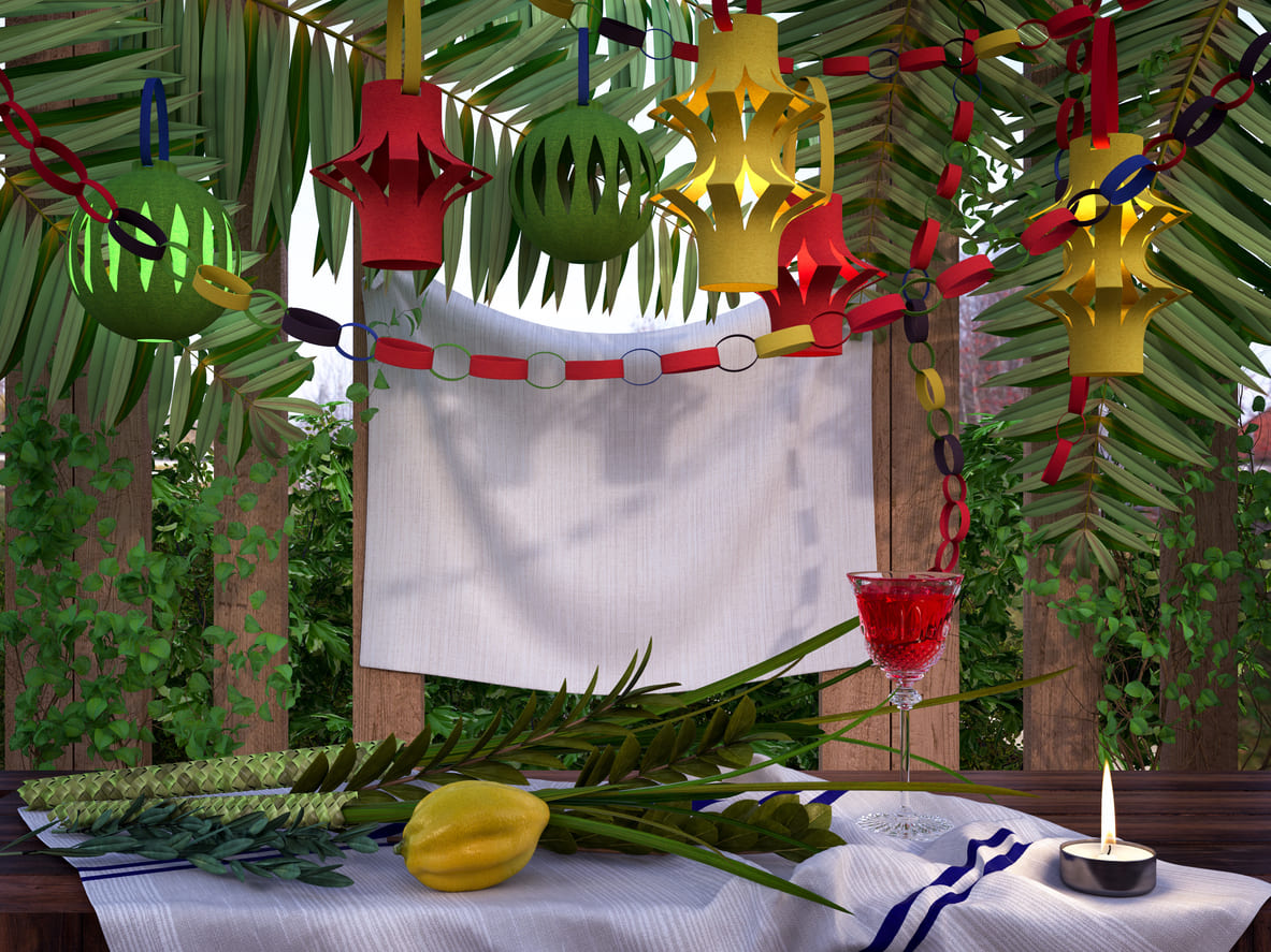 A festive sukkah decorated with colorful lanterns and garlands, featuring the Lulav and Etrog on a table alongside a candle and a glass of wine, symbolizing the First Day of Sukkot.