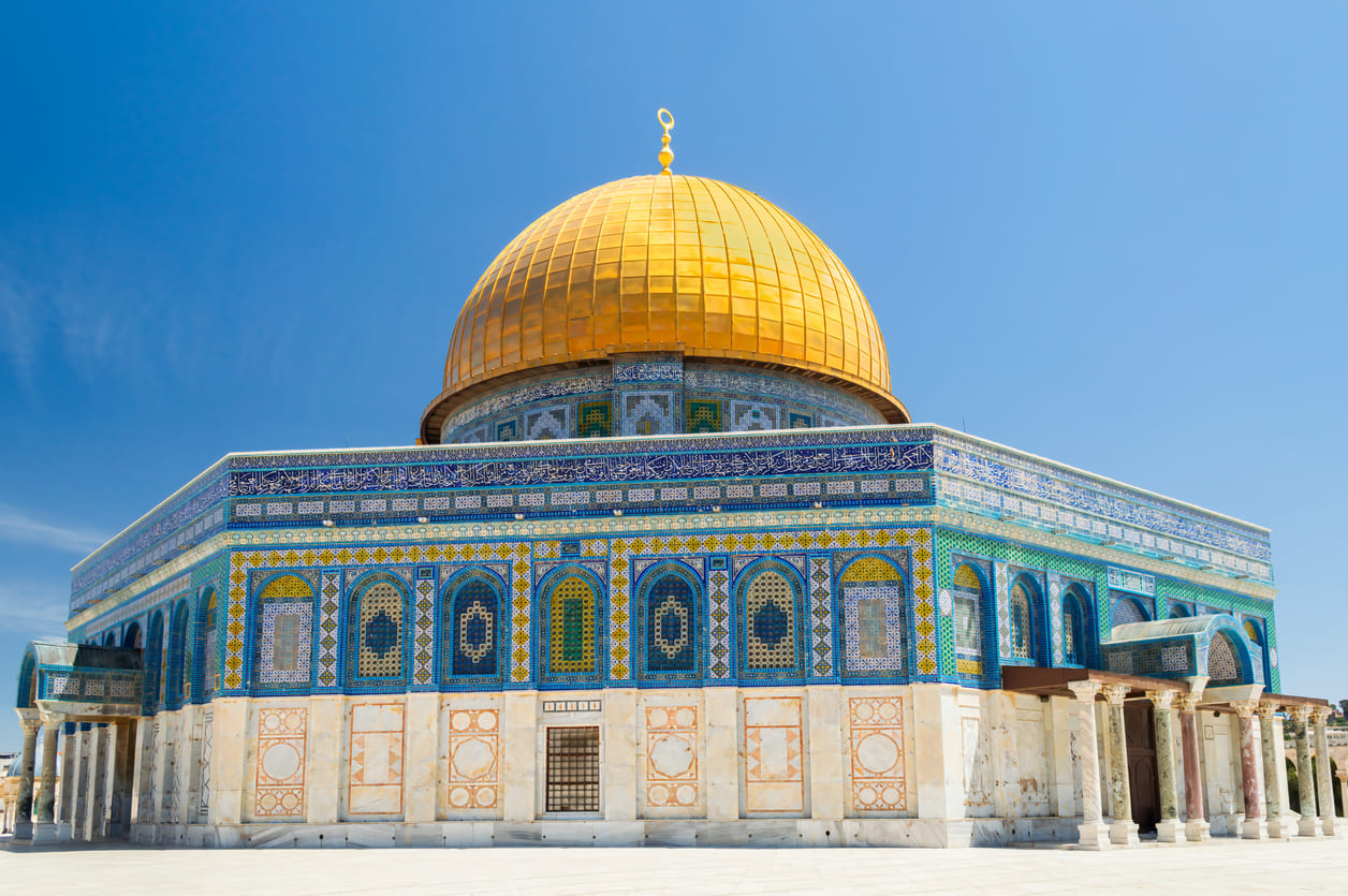 A stunning view of the Dome of the Rock in Jerusalem, a sacred site associated with the Prophet Muhammad's ascension during Isra' and Mi'raj.