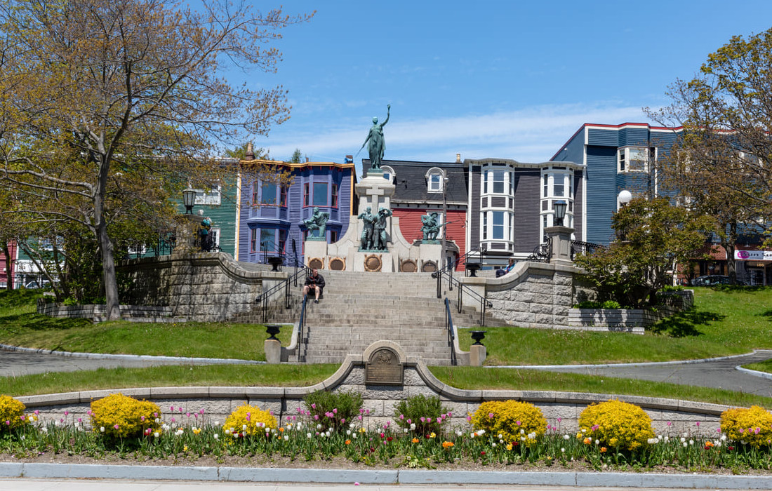 The National War Memorial in St. John's, Newfoundland and Labrador, serves as a focal point for Memorial Day ceremonies honoring fallen soldiers.