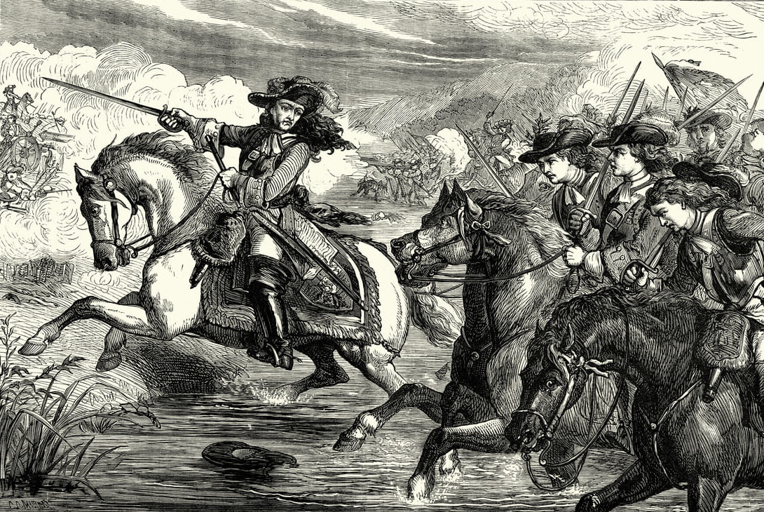 A historical illustration of William III on horseback, leading his troops into battle at the Battle of the Boyne.