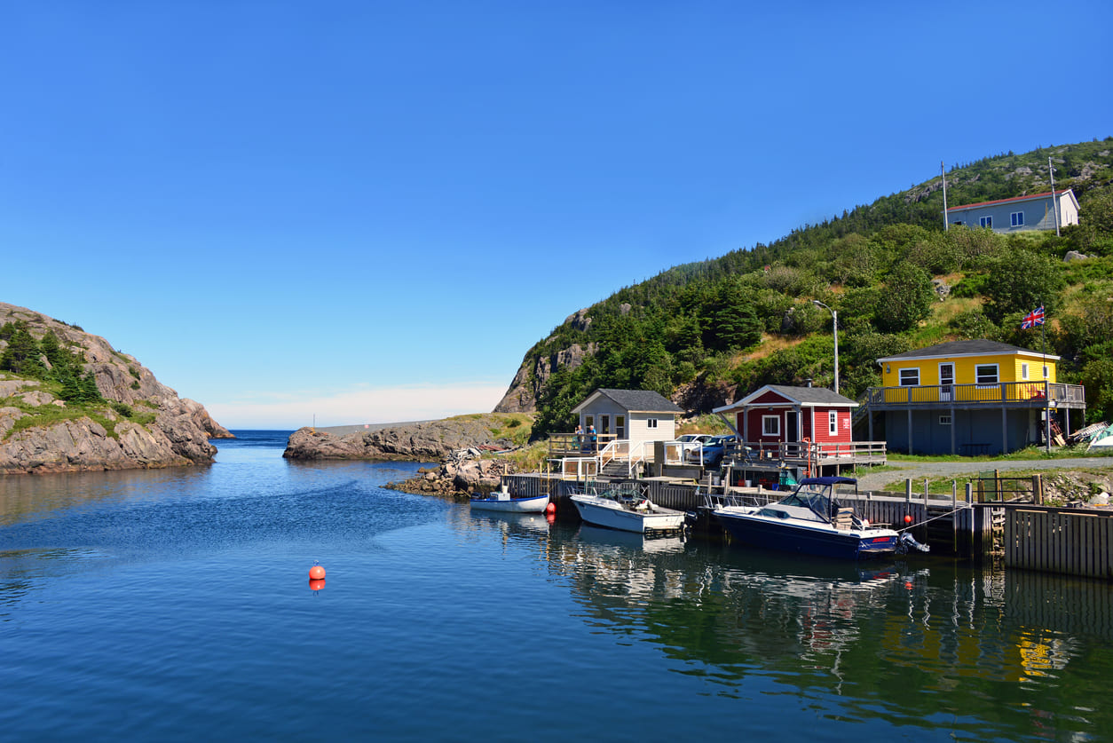 A picturesque view of Quidi Vidi Village in St. John's, Newfoundland, with colorful houses, fishing boats, and rugged coastal beauty near Quidi Vidi Lake.