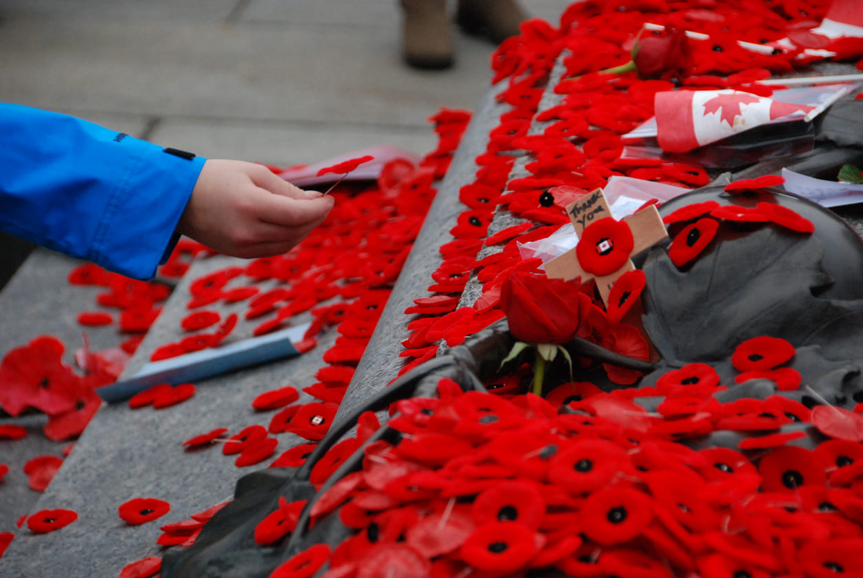 A hand placing a red poppy on a memorial, symbolizing remembrance and honoring fallen soldiers on Remembrance Day.
