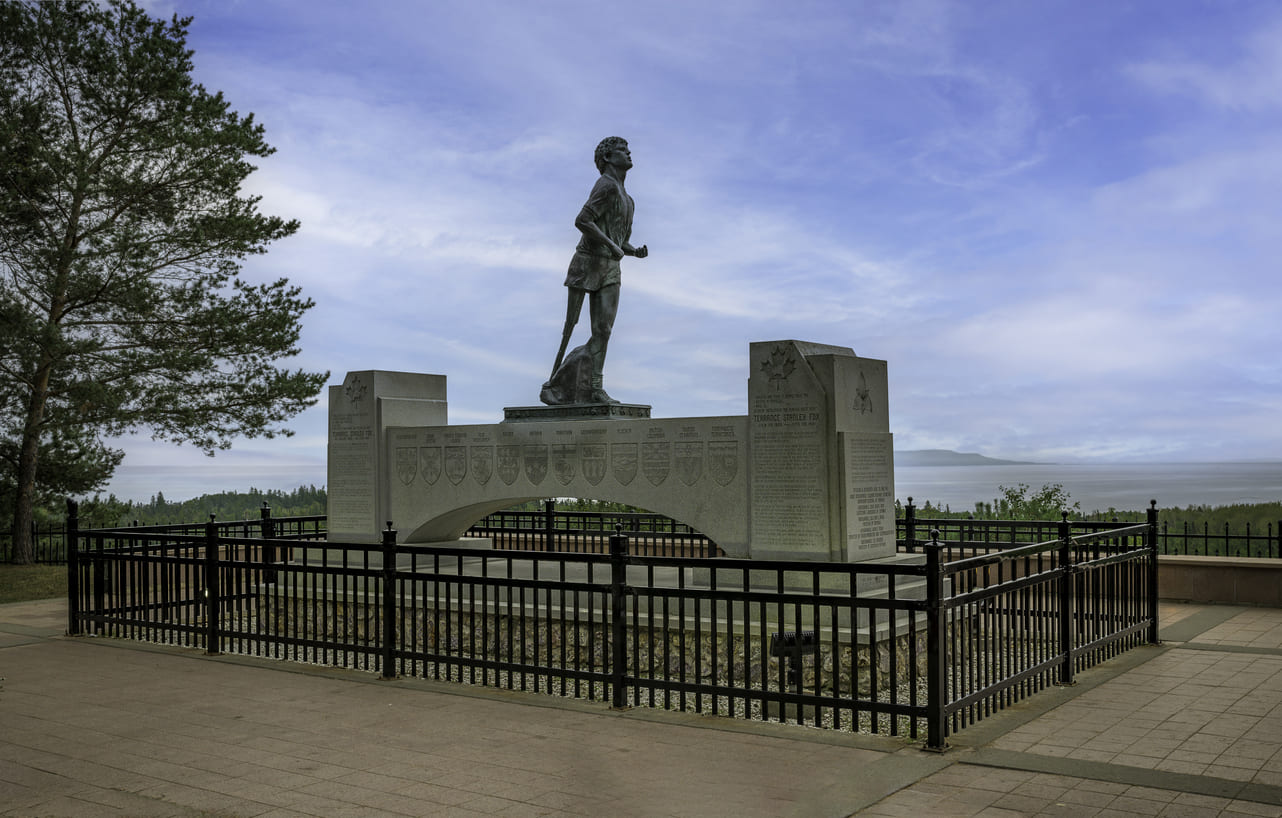 The Terry Fox Monument in Thunder Bay, Ontario, honors his legacy and courageous Marathon of Hope.