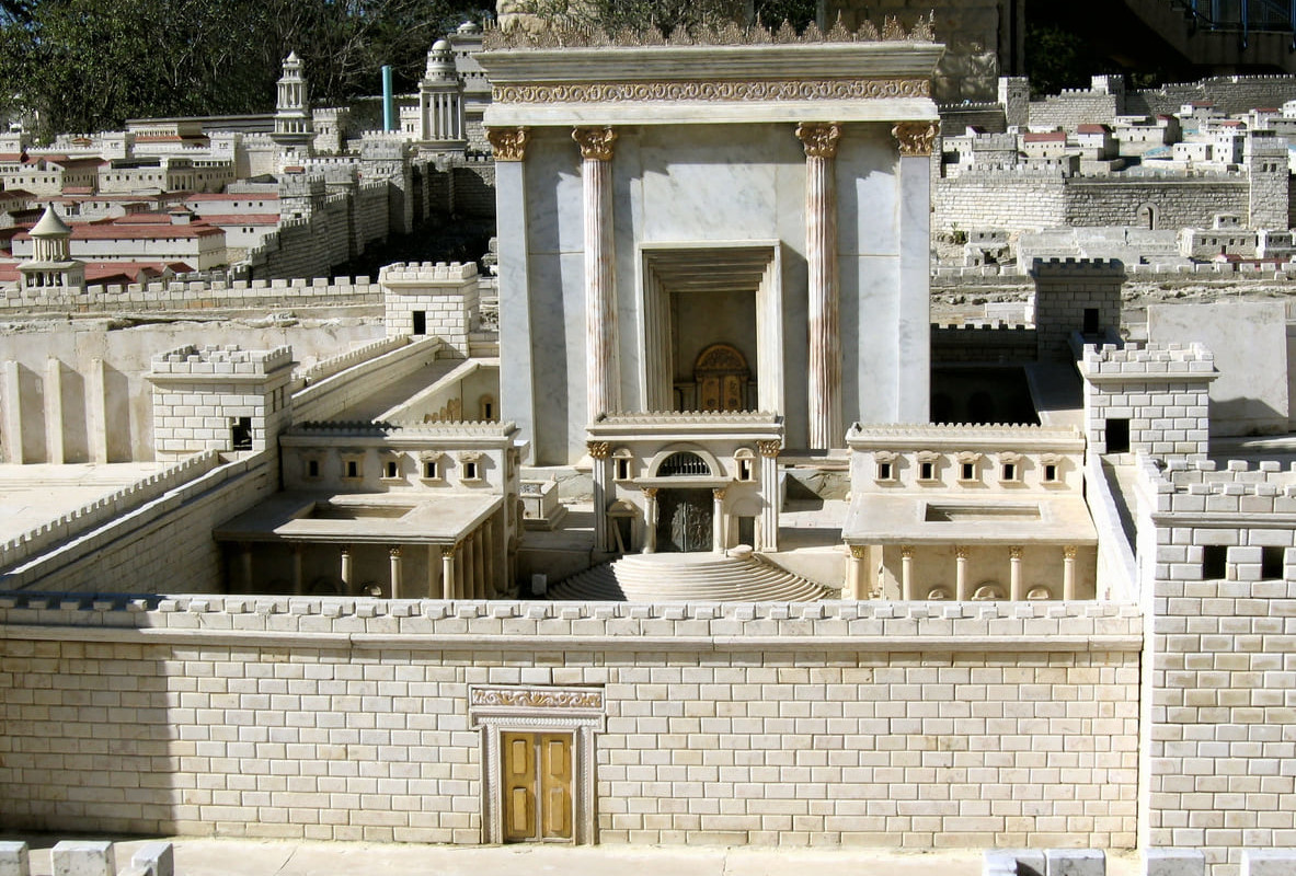 A detailed scale model of the Second Temple in Jerusalem, showcasing its grand architecture before its destruction in 70 CE.
