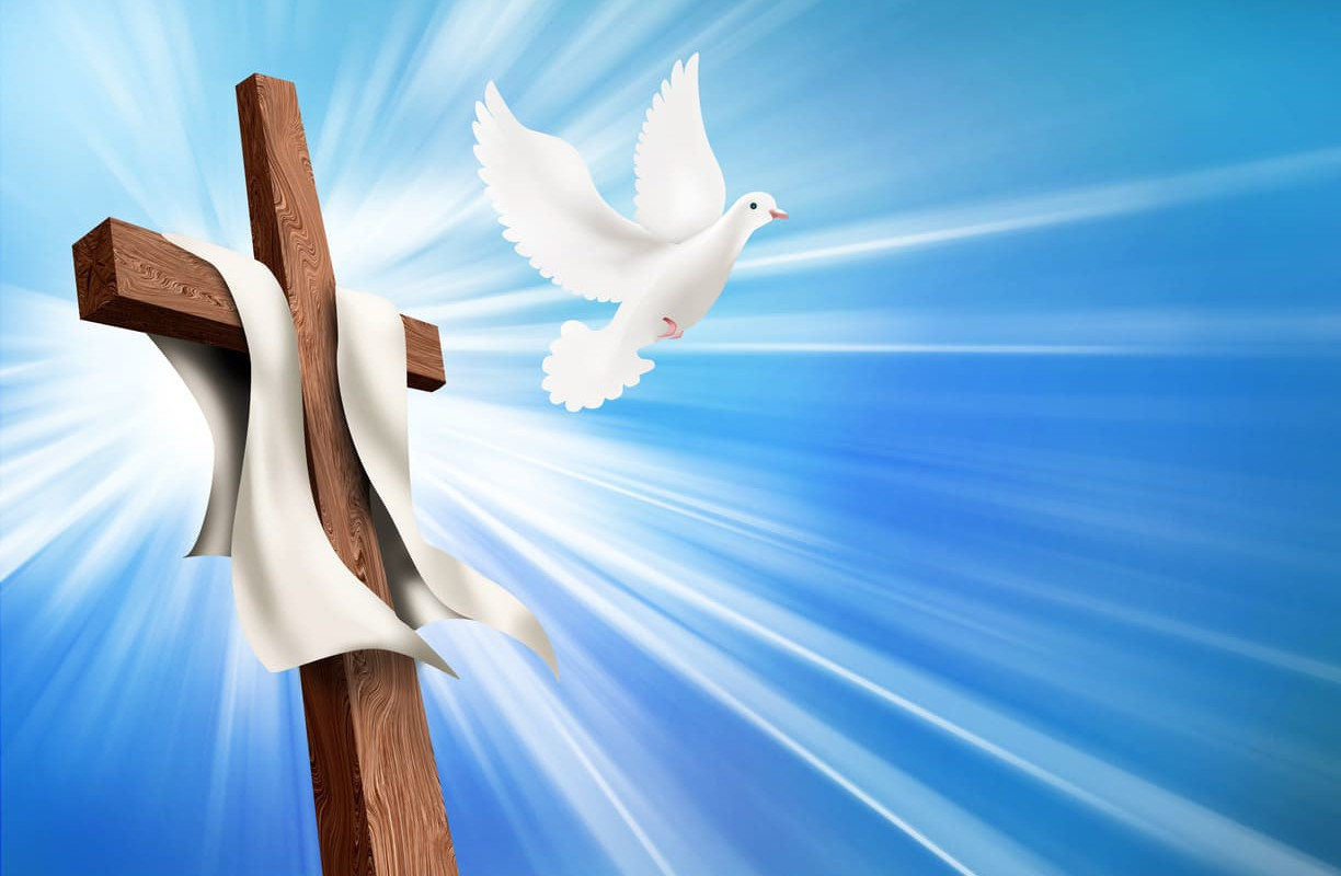 An artistic depiction of Whit Monday, featuring a cross and a dove, symbolizing the Holy Spirit’s descent and divine light.