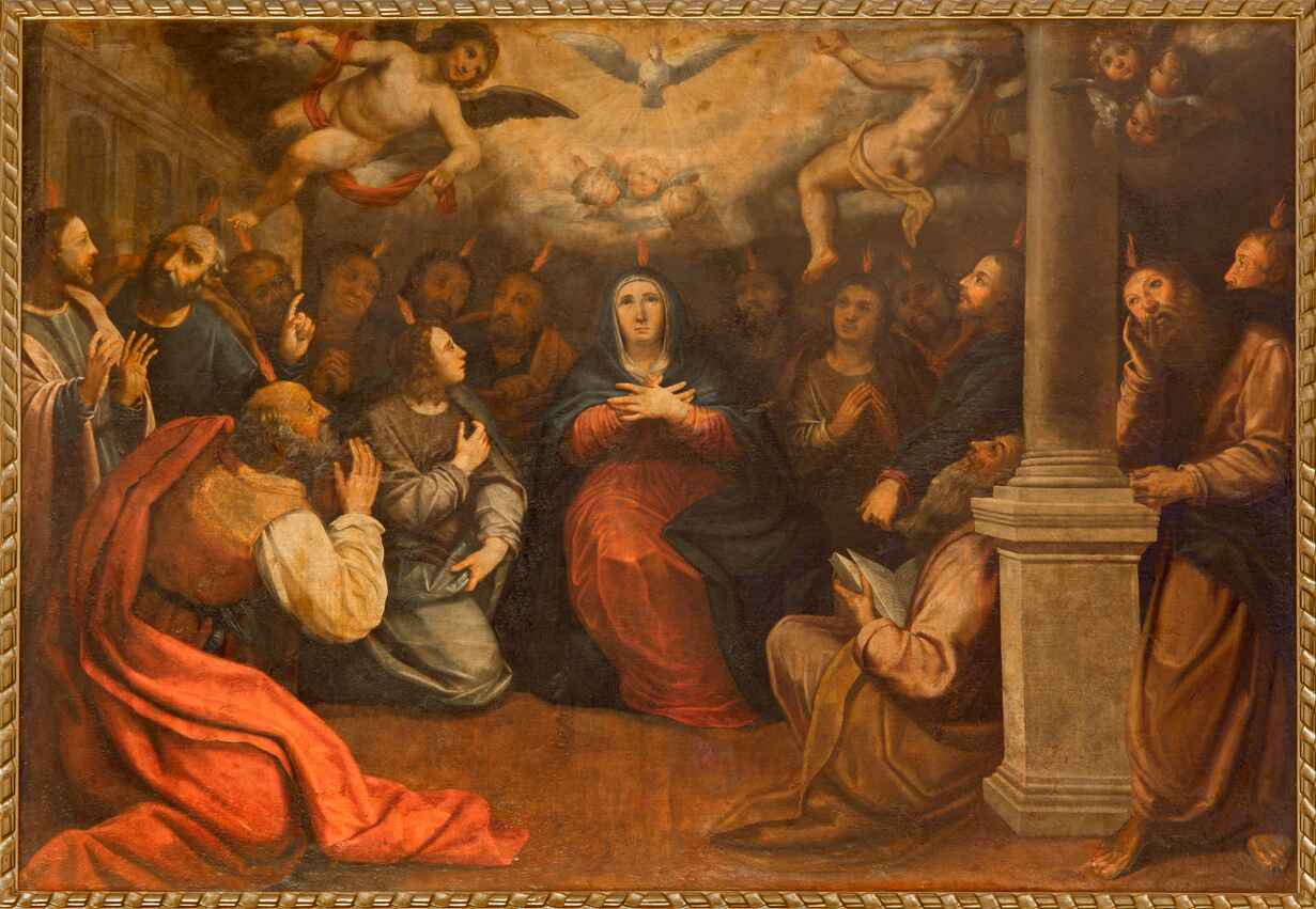 A classical painting illustrating the descent of the Holy Spirit on Pentecost.