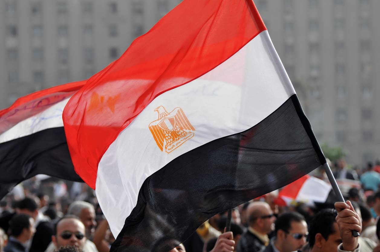 A powerful scene showing the Egyptian flag waving above a crowd of protestors, reflecting the patriotic spirit of the June 30 Revolution.
