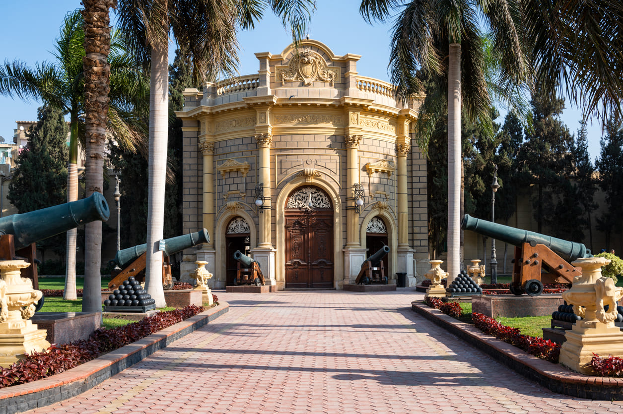 Elegant architecture at the Abdeen Palace Military Museum in Cairo, with historic cannons reflecting Egypt's royal legacy and revolutionary past.