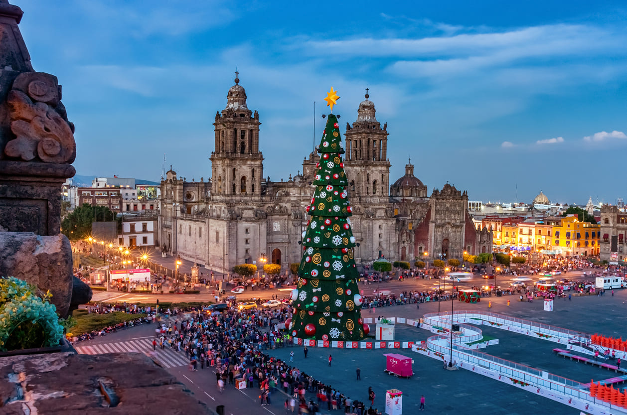 A massive Christmas tree lit up in front of the Metropolitan Cathedral at Zócalo, surrounded by crowds enjoying Christmas Day festivities.