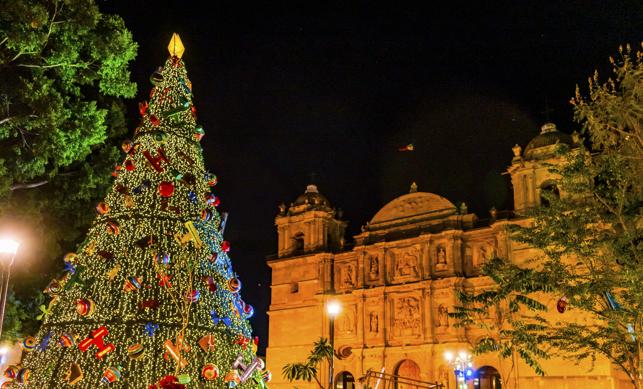A glowing Christmas tree decorated with lights and ornaments beside the Lady Assumption Church in Oaxaca, Mexico, beautifully capturing the holiday atmosphere.