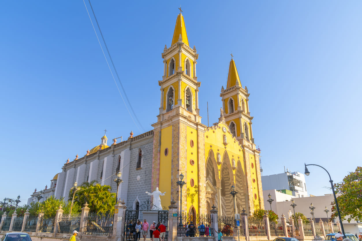 The Cathedral Basilica of the Immaculate Conception in Mazatlan, Mexico, a beautiful church with intricate architecture, central to religious celebrations.