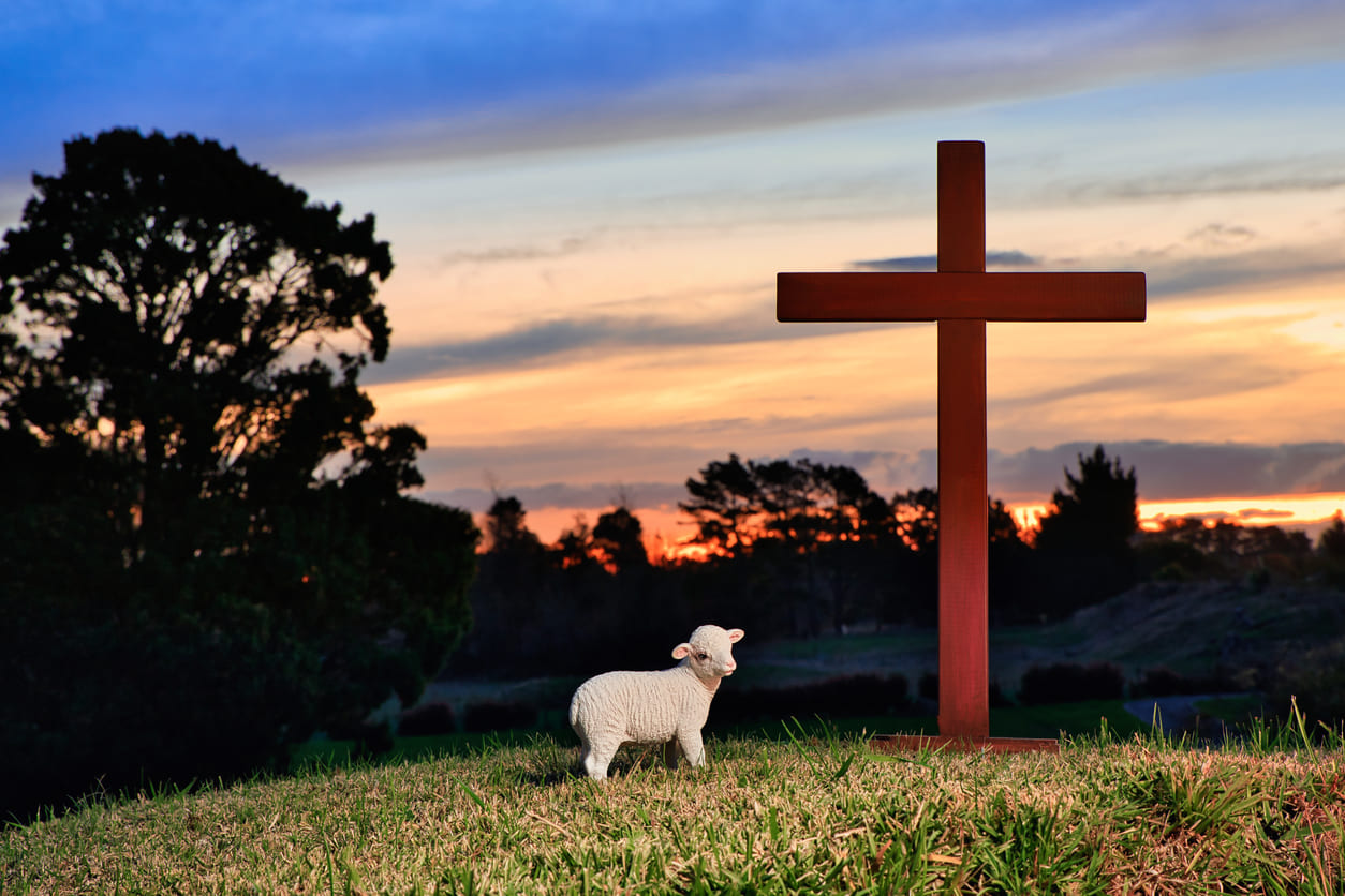 A wooden cross and a lamb stand on a grassy hill at sunset, evoking the solemn and reflective spirit of Good Friday in New Zealand.
