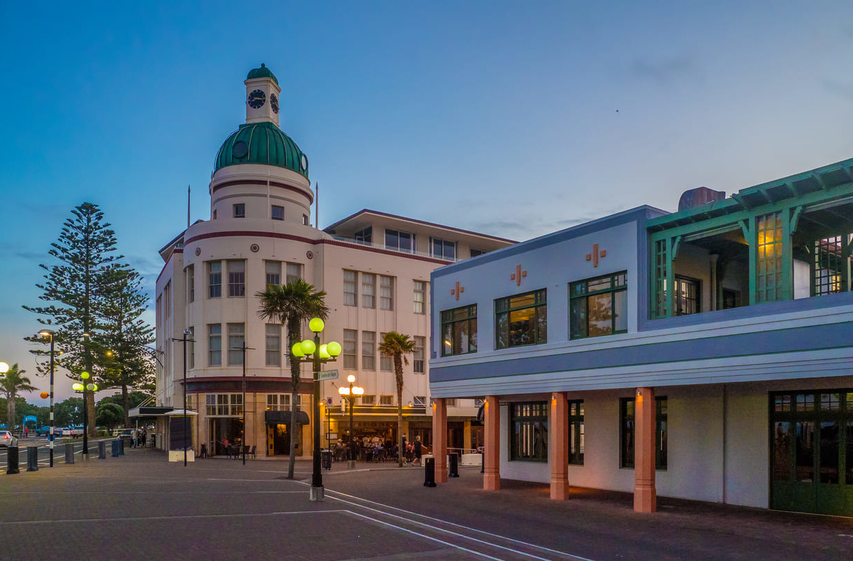 A charming streetscape of Napier's renowned Art Deco buildings, showcasing the cultural heritage of Hawke's Bay.