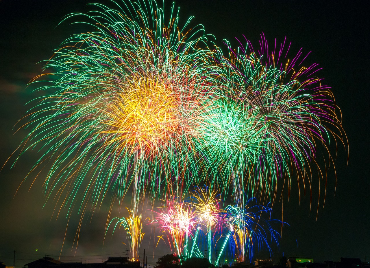 Bright fireworks light up the night sky on occasion of New Year's Day celebrations