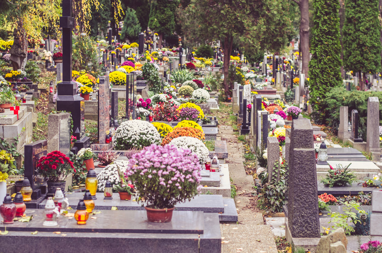A peaceful cemetery scene filled with colorful flowers and candles, reflecting love, remembrance, and prayer on All Souls' Day.