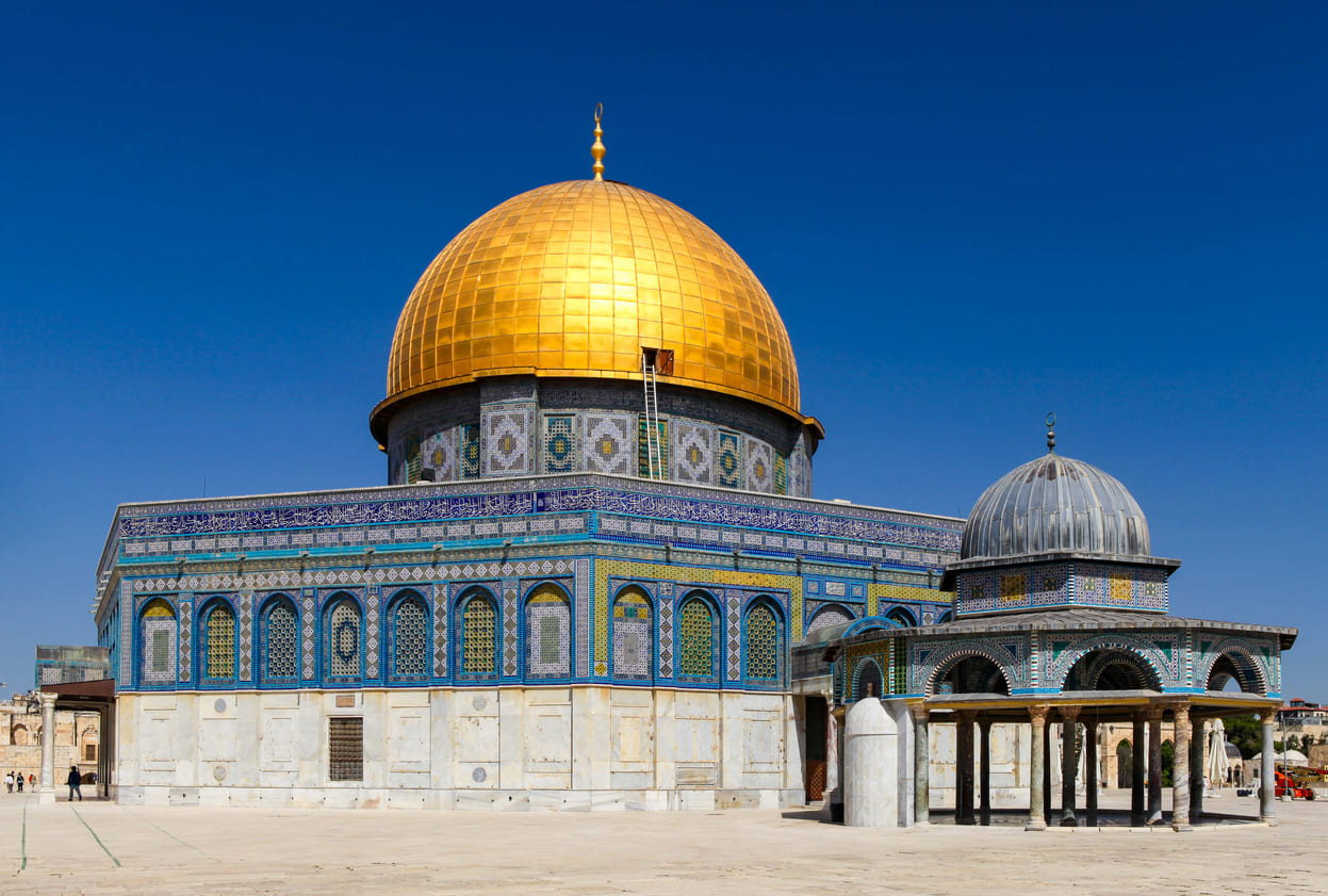 The iconic Dome of the Rock in Jerusalem, a revered site in Islam believed to be where Prophet Muhammad ascended to heaven during Lailatul Isra Wal Mi'raj.