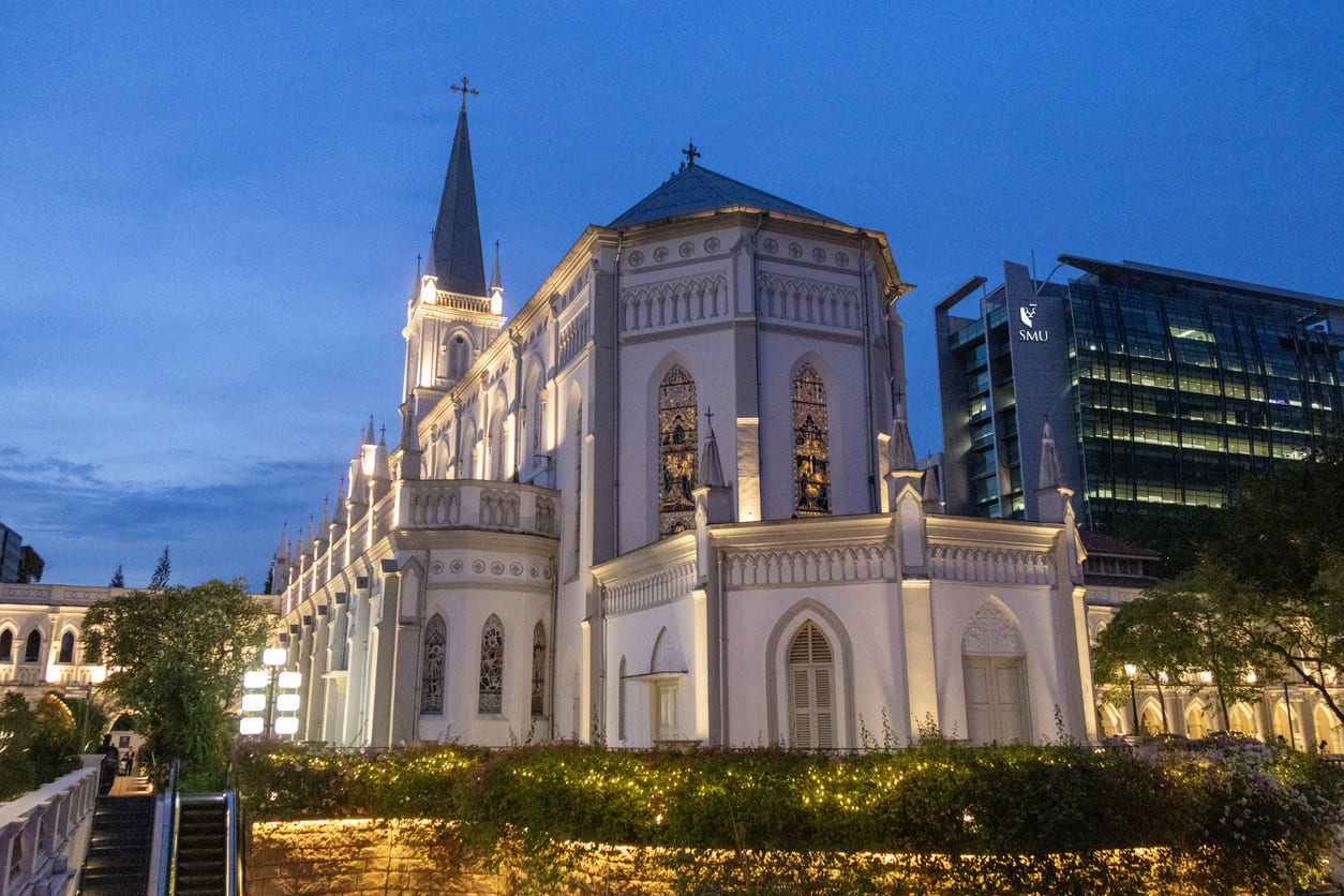 Beautifully lit CHIJMES Church in central Singapore, reflecting its historic charm and peaceful atmosphere on Good Friday.