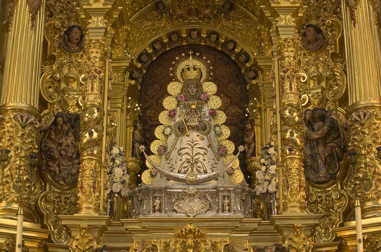 The Virgin of El Rocío, a beautifully adorned statue central to the El Rocío Pilgrimage, ending on Pentecost Monday in Andalusia.