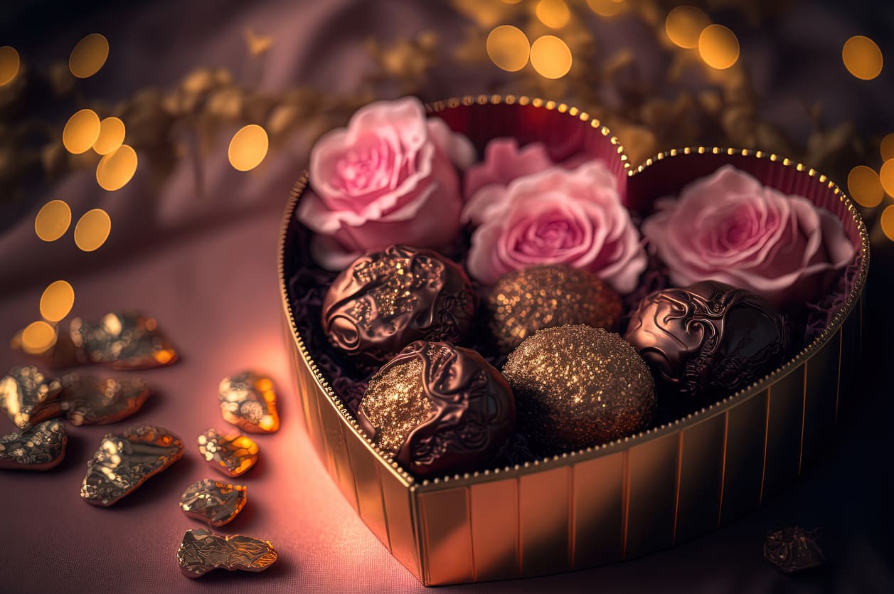 A heart-shaped gift box filled with pink roses and ornate chocolates, surrounded by soft golden lights.